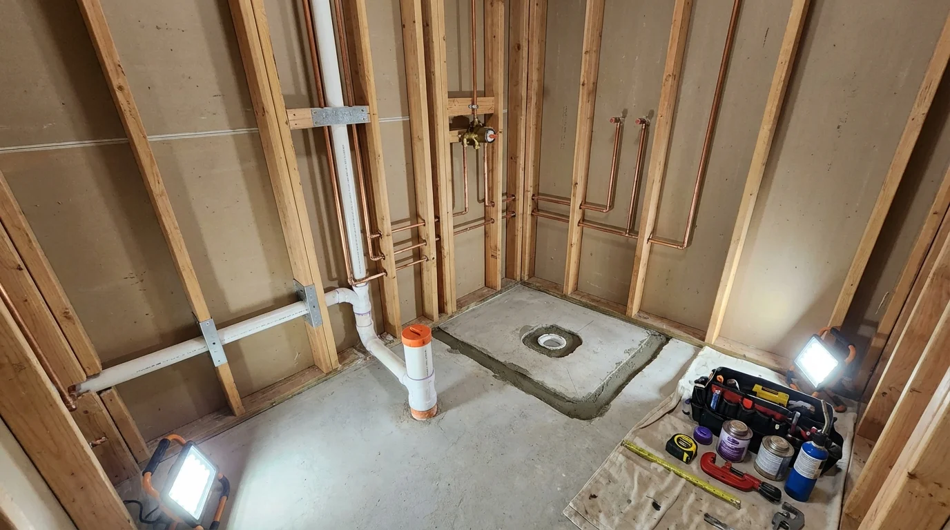 Bathroom rough-in plumbing during remodel by Johns Plumbing LLC in Hewlett