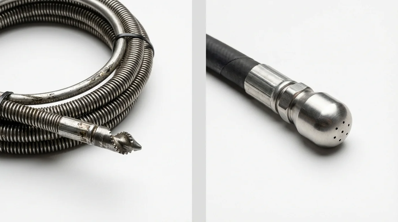 Drain snake cable and hydro jetting nozzle used for drain cleaning in Hewlett, NY
