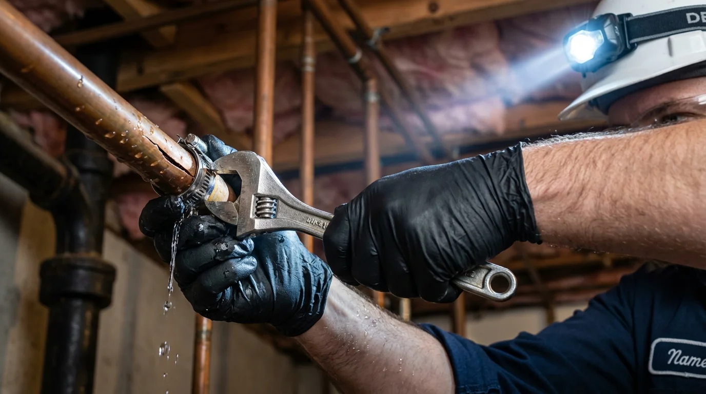 Emergency pipe clamp repair being performed by a Johns Plumbing LLC plumber in Hewlett