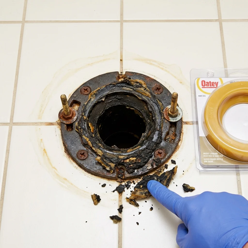 Failed wax ring showing water seepage at the base of a toilet in a Hewlett, NY home